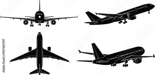Black silhouette set of commercial passenger airplane, aviation technical drawing for airport site plans, jet aircraft vector icons isolated, white.