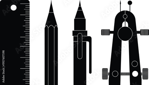 Black silhouette of stationery tools including ruler, wooden pencil, mechanical pencil, and drawing compass, essential educational and drafting illustration concept for design, geometry, and technica