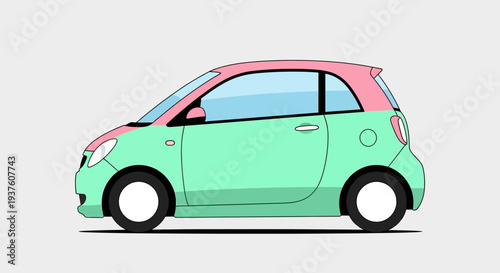 Mint green and pink compact car illustration on light background