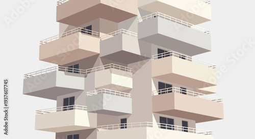 Modern geometric apartment building with stacked balconies and clean lines