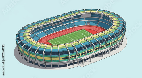 Modern isometric stadium with football field and running track