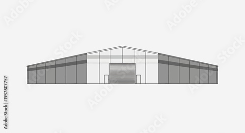 Modern industrial warehouse building exterior with roll-up door