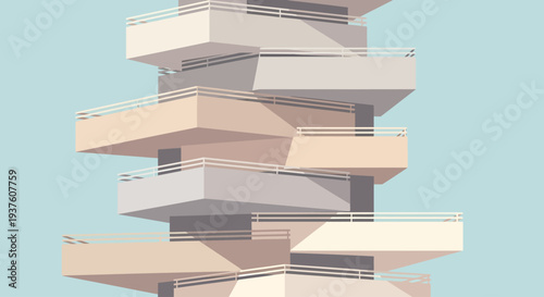 Modern minimalist building with stacked balconies against blue sky