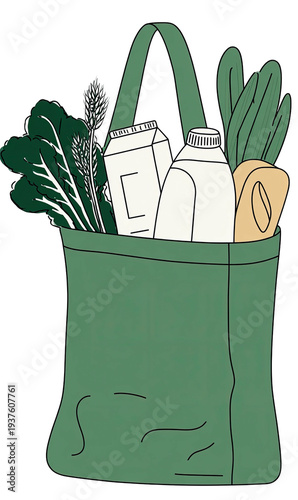 A green tote bag overflows with groceries leafy greens, milk cartons, & a bread loaf