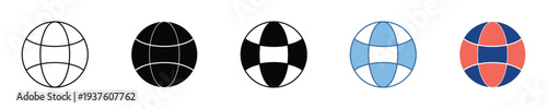 Diverse vector globe icons representing global connectivity, digital communication, and internet network access across various design styles for universal application