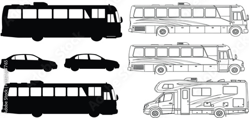 Black silhouettes and line art drawings of buses, sedan cars, and motorhome camper van, side view transport vehicle set, isolated,