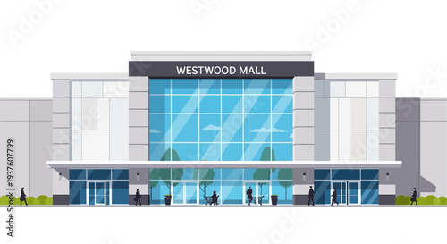 Modern shopping mall exterior with shoppers entering and leaving