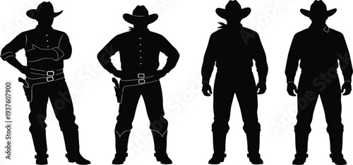Black silhouettes of four cowboys standing with hats and holsters, American West culture, outlaws, sheriff, isolated on white background, vector.