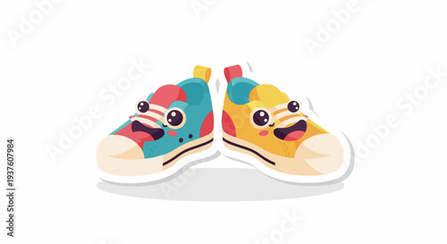 Pair of colorful cartoon sneakers with cute happy faces