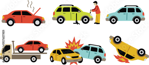 Car accident and breakdown icons set with collision, tow truck, flat tire repair and overturned vehicle, flat vector illustration isolated on white background