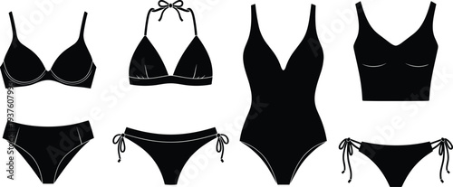 Black bikini and swimsuit silhouettes collection, women swimwear set including bra, bottoms and one piece, minimalist fashion illustration design