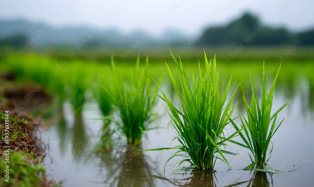 Obraz premium rice seedlings in the rice field, neatly arranged and growing well, with green leaves that have just sprouted