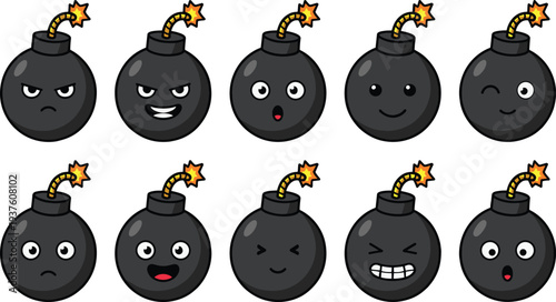 Cartoon bombs with expressive faces and lit fuses in playful design, humorous illustration concept for emotions, danger symbol, gaming, entertainment, and creative artwork projects