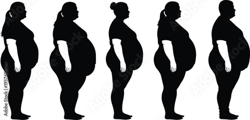 Black silhouettes of plus size women standing in profile, body positive female figures, overweight lady icons, inclusive diversity vector illustration.