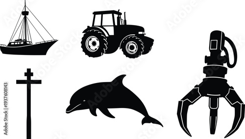 Collection, silhouette, icons, fishing, boat, tractor, dolphin, cross, robotic, claw, machine, equipment, transport, marine, technology, farming, symbol, black, vector, set