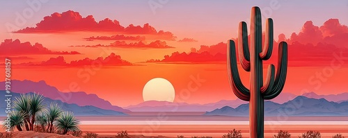 Panel kuchenny z motywem Saguaro cactus silhouette at orange desert sunset with distant mountains and warm sky