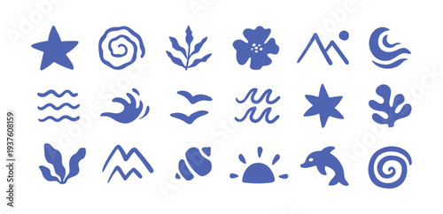 Set of vector summer beach sea abstract icons. Wave, shell, mountain, plant