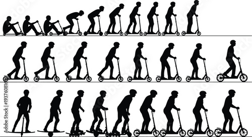 Personal transportation silhouettes showing scooters, skateboards, roller skates, balance boards, posture evolution, human motion, mobility devices, activity, balance, and movement.