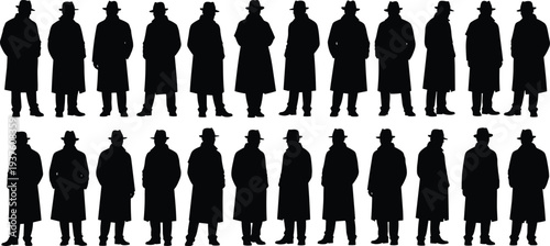 Detective silhouettes collection featuring men in trench coats and hats standing poses isolated black vector illustration set for mystery design