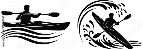 Kayaking silhouette set, man paddling canoe on river and ocean wave isolated on white background illustration design