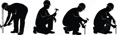 Collection of construction worker silhouettes using hammer in various working poses isolated on white background, black vector illustration set