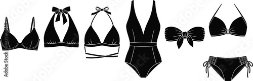 Women bikini and swimsuit silhouettes, lingerie fashion collection, bra, bikini top and bottom icons, black swimwear vector set