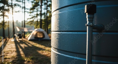 Wallpaper Mural Water tank, close-up, foreground, blurred camping scene with tent, trees, and sunlight Torontodigital.ca