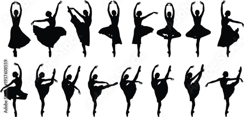 Ballet dancer silhouette pose set illustration featuring classical dance movements, graceful female performers, artistic choreography collection isolated on white background