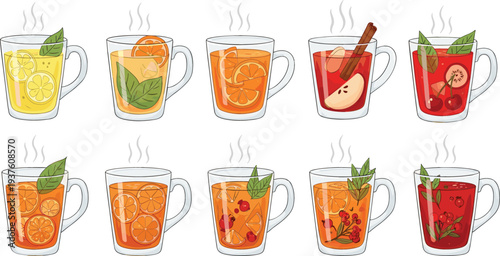 Collection of hot fruit tea and herbal infusions in glass mugs with lemon, orange, apple, cinnamon, berries, and mint leaves for winter wellness.