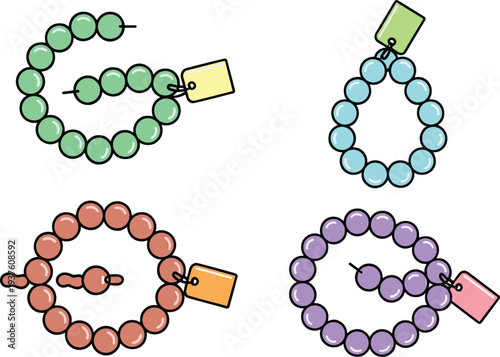 Cartoon illustration of four colorful beaded bracelets arranged in grid, showcasing jewelry design variations with distinct bead colors, tags, and unique clasp styles.