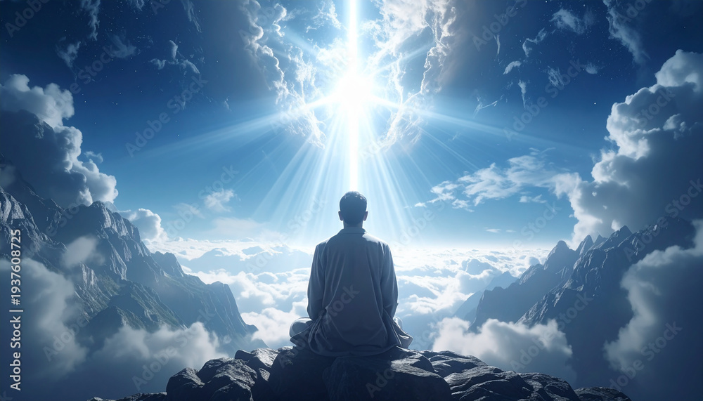 Fototapeta premium 瞑想 座禅 悟り 後光 雲海 山頂 精神統一 浄化 覚醒 神秘 圧倒的 静寂 祈り 魂 境界 充足 宇宙 平和 黄金 未来