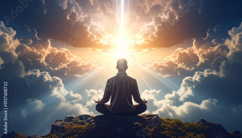 瞑想 座禅 悟り 後光 雲海 山頂 精神統一 浄化 覚醒 神秘 圧倒的 静寂 祈り 魂 境界 充足 宇宙 平和 黄金 未来