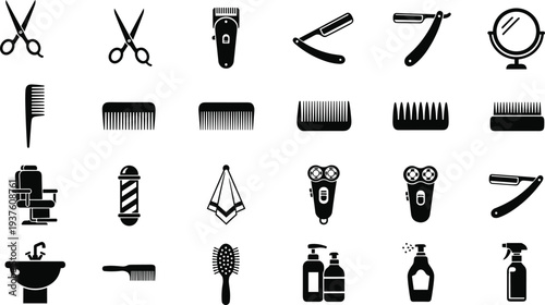 Barber shop hair salon icon set vector illustration featuring scissors, clippers, razors, combs, grooming tools, flat design, isolated beauty symbols