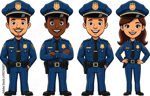 Cartoon illustration of four police officers in blue uniforms with badges, hats, utility belts, saluting and standing confidently, representing law enforcement, teamwork, and public service artwor