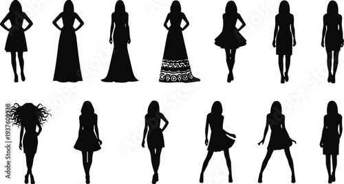 Women silhouette collection, fashion poses, dress styles, curly hair icon, dynamic stances, clothing vector, stylish apparel, body posture, fashion design, illustration set