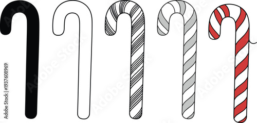 Candy cane collection in multiple styles hand drawn and flat holiday sweets vector illustration isolated on white background for christmas design use