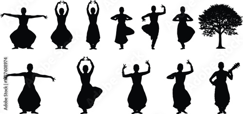 Traditional dance silhouettes collection showing female dancers graceful poses cultural performance with tree element isolated black vector illustration set