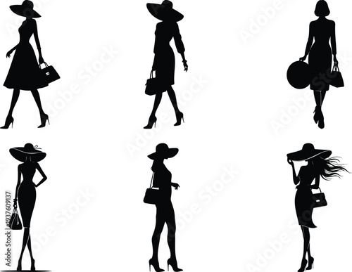Stylish Fashion Women Silhouette Set Elegant Female Models with Hats and Handbags Vector