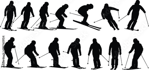 Skiing silhouettes sequence showing downhill skier motion turns jumps winter sport action isolated black vector illustration set