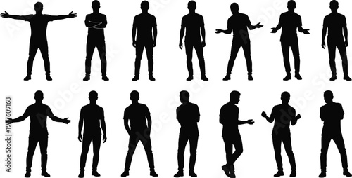 Man silhouettes collection showing standing male poses open arms gestures body language isolated black vector illustration set for people design