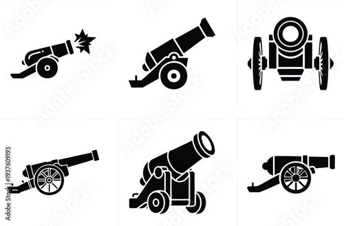 Historic Cannon Silhouette Icon Set Military Artillery Weapon Vector Collection