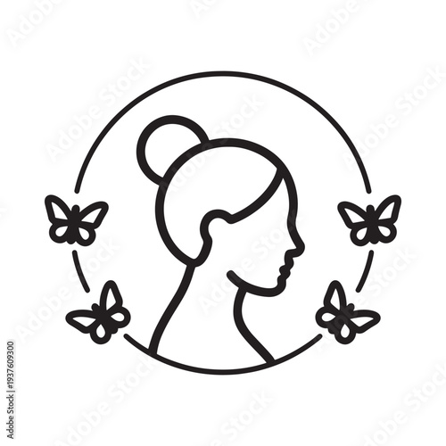 A minimalist black and white illustration depicts a woman s profile surrounded by butterflies within a circular frame