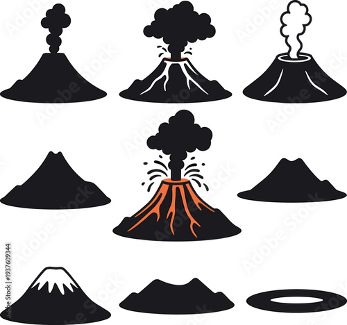 Collection Of Cartoon Volcano Silhouettes With Erupting Lava Smoke And Ash Clouds Isolated On White Background For Geological Education Science Projects And Nature Disaster Design