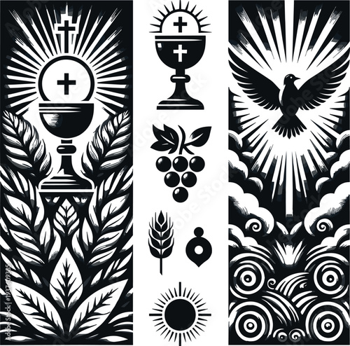 Collection of Christian Religious Symbols Including Holy Eucharist Chalice Grapes Wheat and Holy Spirit Dove Vector Illustration for Church Liturgy and Spiritual Branding