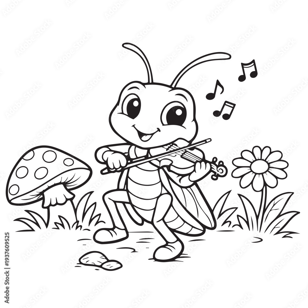Naklejka premium Cute simple vector cartoon of a cheerful cricket playing a violin, illustrated in a playful style with charming character details.