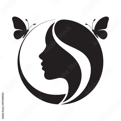 A striking black and white silhouette depicts a woman s profile adorned with butterflies and flowing hair