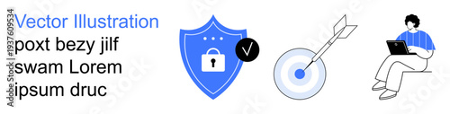 Cybersecurity, data protection, identity verification, remote work, digital trust, business efficiency. Blue shield with lock, target with arrow and person using laptop. Cybersecurity and data