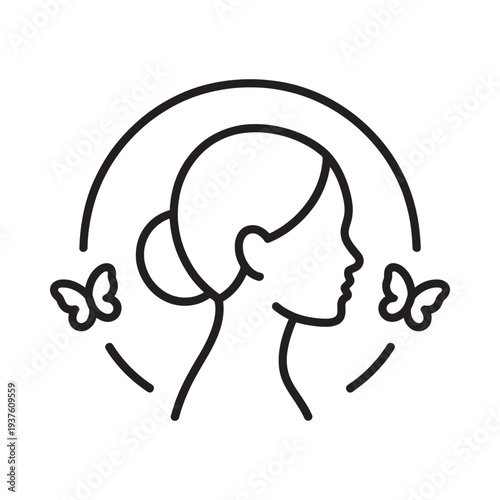 A minimalist line drawing depicts a woman s profile with butterflies framed within a circular design