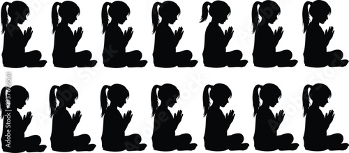 Praying girl silhouettes collection showing child kneeling with folded hands spiritual faith concept isolated black vector illustration set