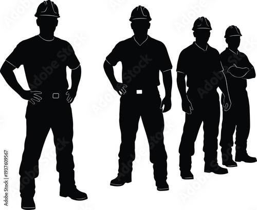 Silhouettes of construction workers wearing hard hats standing together in different poses isolated on white background industrial vector illustration